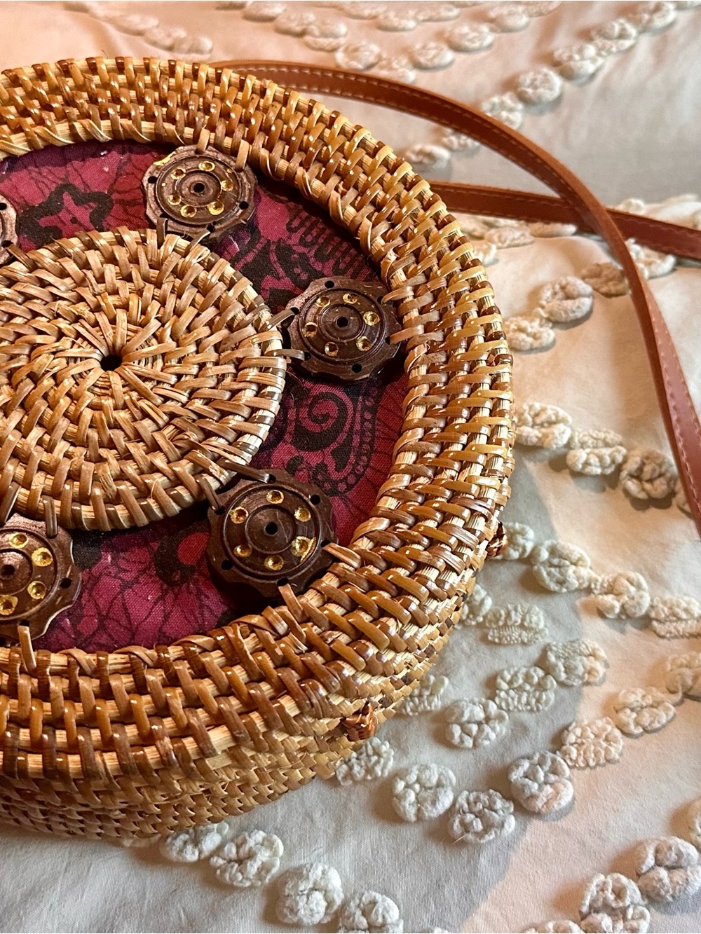 Handwoven Round Rattan Straw Crossbody Bag with Garnet Fabric Inset